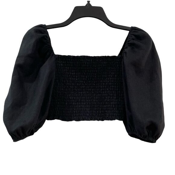 Reformation,Linen Smocked Crop Blouse, Black - Picture 1 of 9